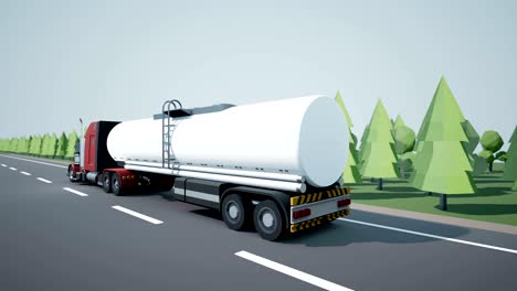 back view camera follows american petrol or oil tanker truck when driving on highway. low poly graphics