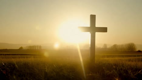 sunrise illuminating a cross in a peaceful field, symbolizing faith and hope in a serene morning landscape