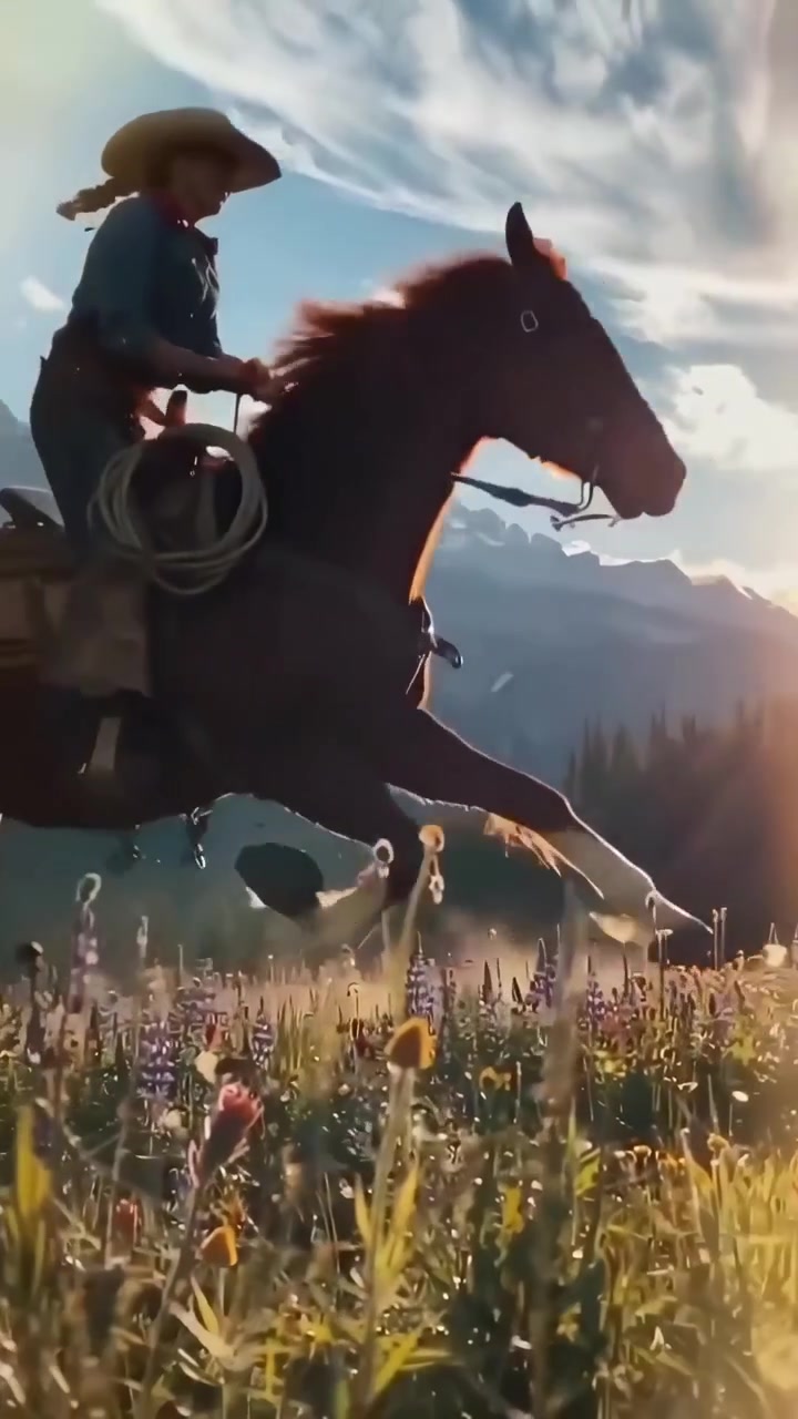 Vaquera montando a caballo por un prado de flores silvestres en las montañas
