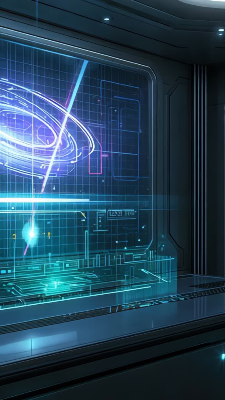 Vertical video: Powering holographic ring scanning command center, pulsing grid and beam finalizing