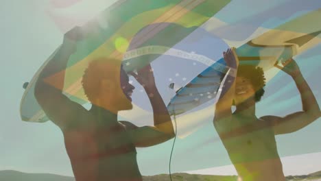 Animation-of-waving-brasil-flag-over-group-of-diverse-friends-on-the-beach