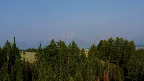 Tiro-Aéreo-De-La-Naturaleza-Del-Paisaje-Del-Dron-Que-Pasa-Sobre-Las-Copas-De-Los-Pinos-Y-Revela-La-Cordillera-Del-Parque-Nacional-Grand-Tetons-Con-Un-Valle-De-Arbustos-Y-Pinos-Detrás-En-Wyoming,-Estados-Unidos