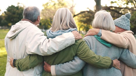 elderly people, group and together with embrace