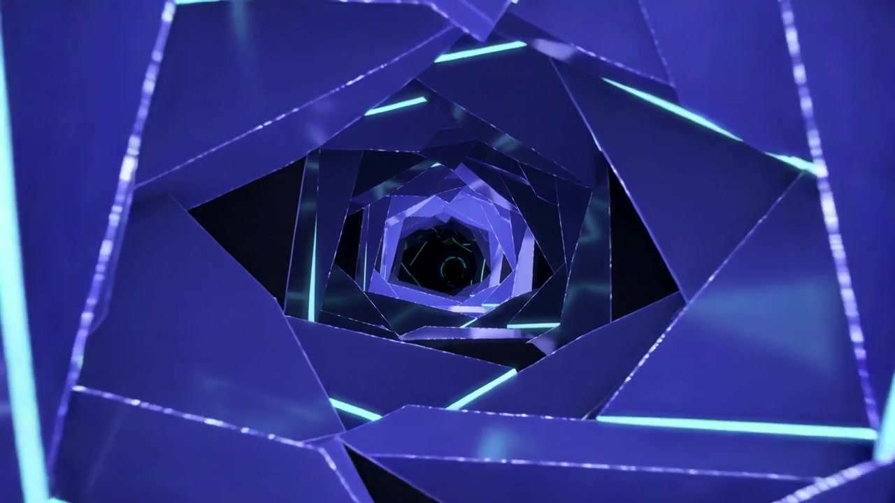 Rotating panels in CGI tunnel revealing inner rings as camera advances causing cyan seams to pulse