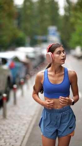 woman running outdoors with headphones