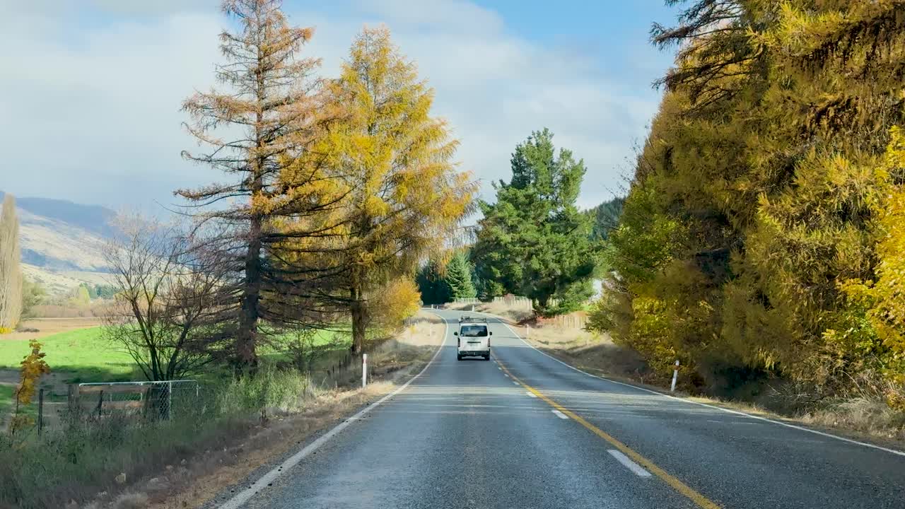 A car travels down a tree-lined road under clear skies, showcasing vibrant autumn foliage and serene countryside