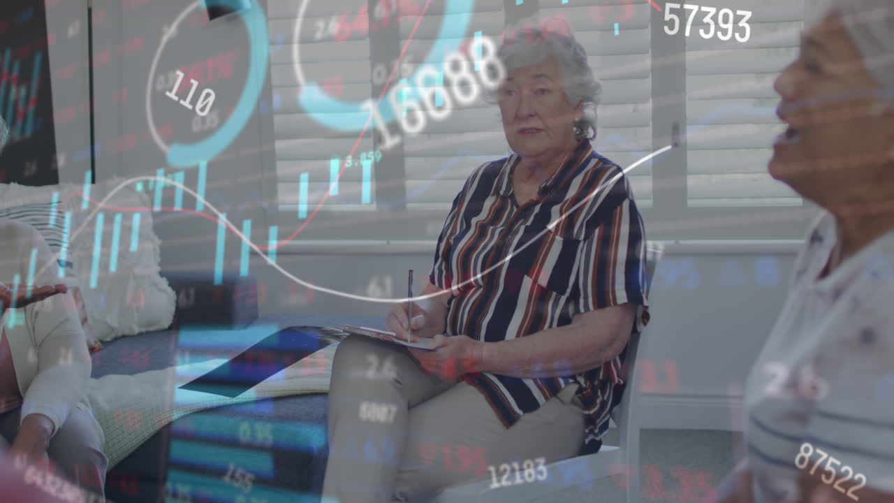 금융 데이터 처리의 애니메이션을 통해 고위 다양한 사람들이 만나고 있습니다.