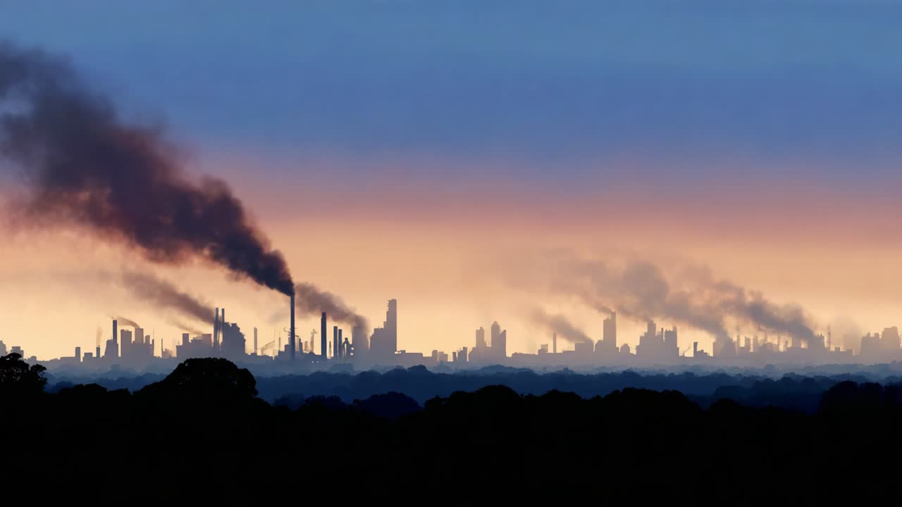 A striking view of a skyline dominated by industrial structures silhouetted against a vibrant horizon, illustrating the interplay between urban development and environmental impact through smoke and pollution