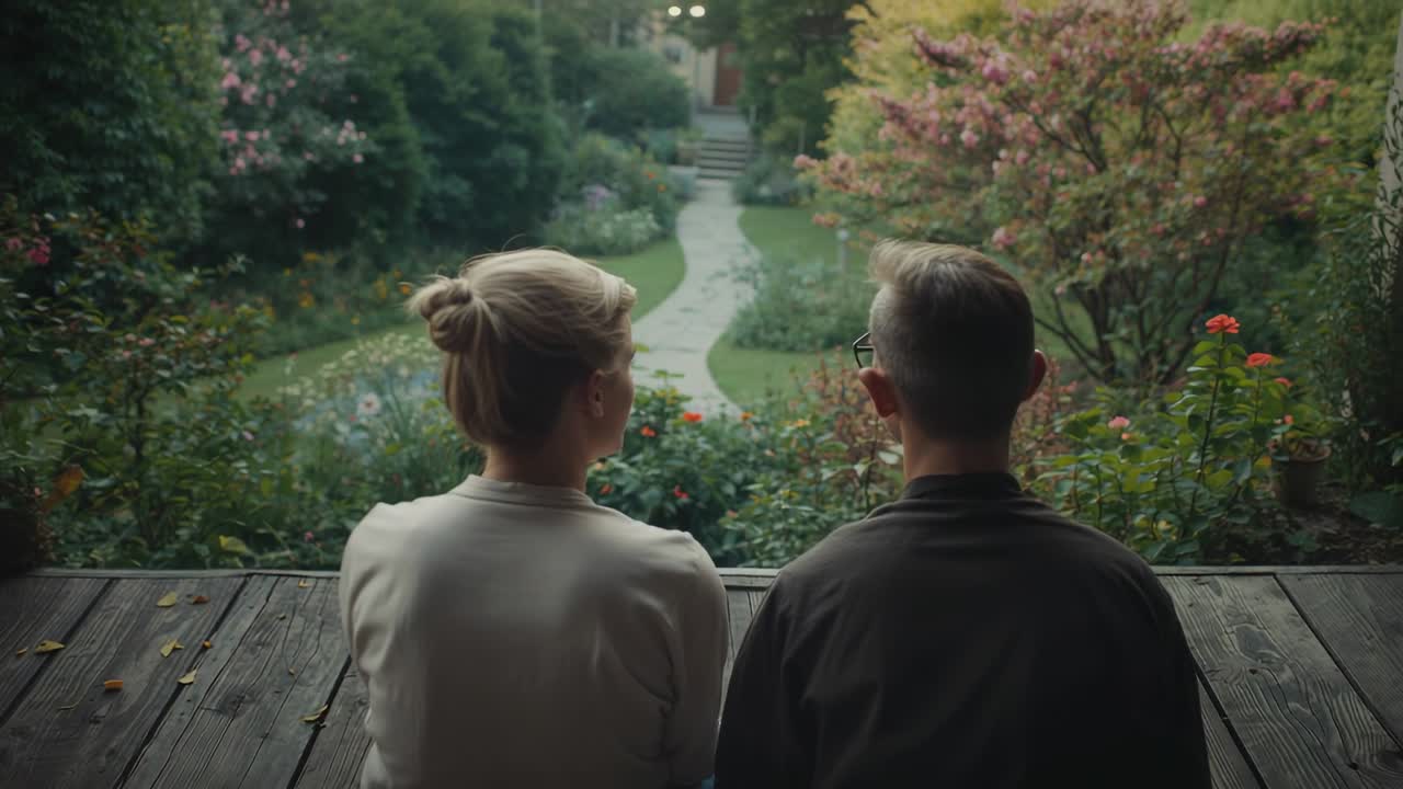 Sitting couple watching garden path on wooden porch, left turning to right, checking reaction