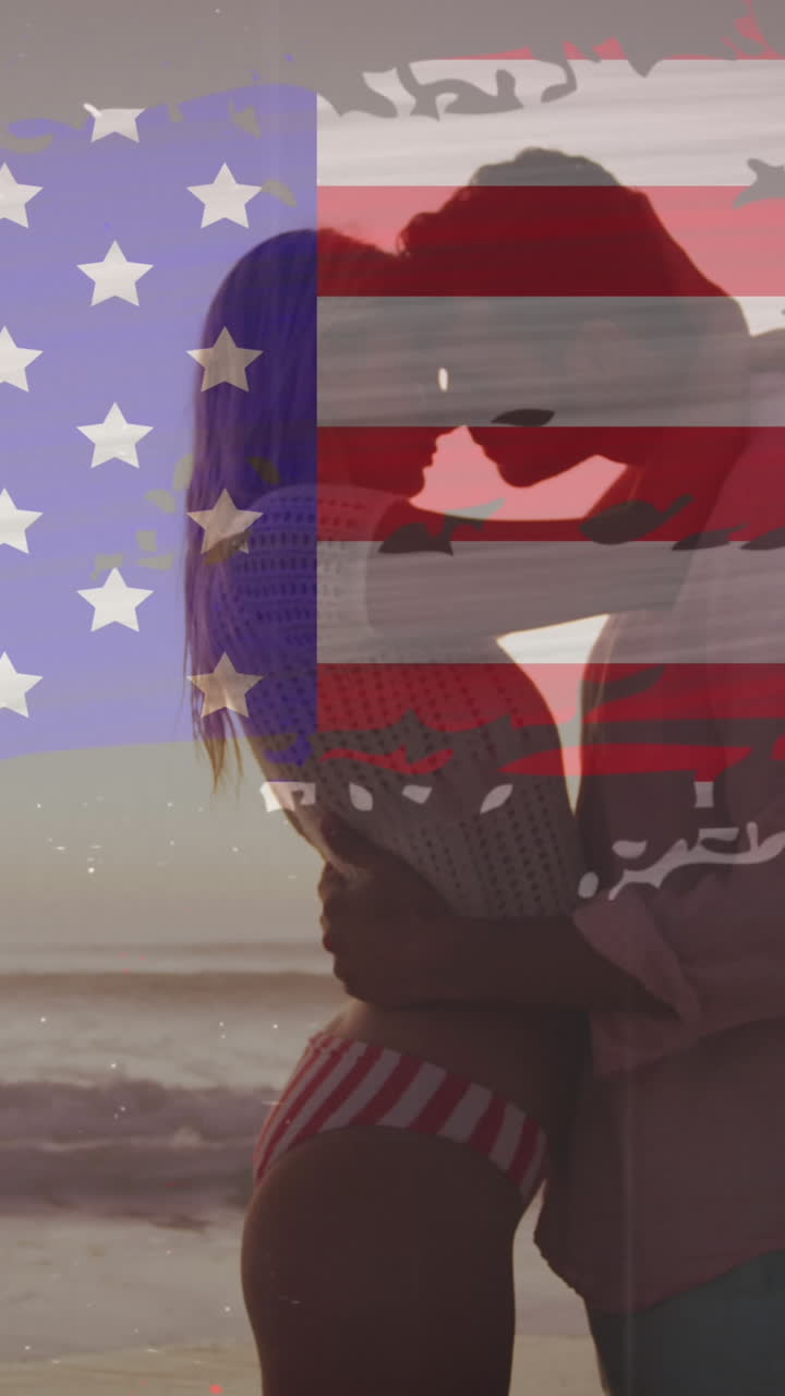 bandera americana con efecto de falla contra una pareja abrazándose en la playa