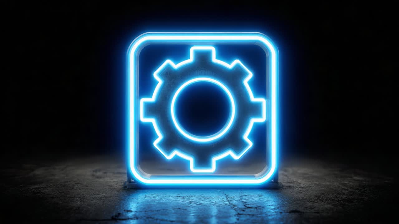 Icona futuristica di ingranaggio al neon su sfondo scuro che rappresenta tecnologia e innovazione nel design moderno e nelle interfacce digitali, ideale per temi di tecnologia e sviluppo software.