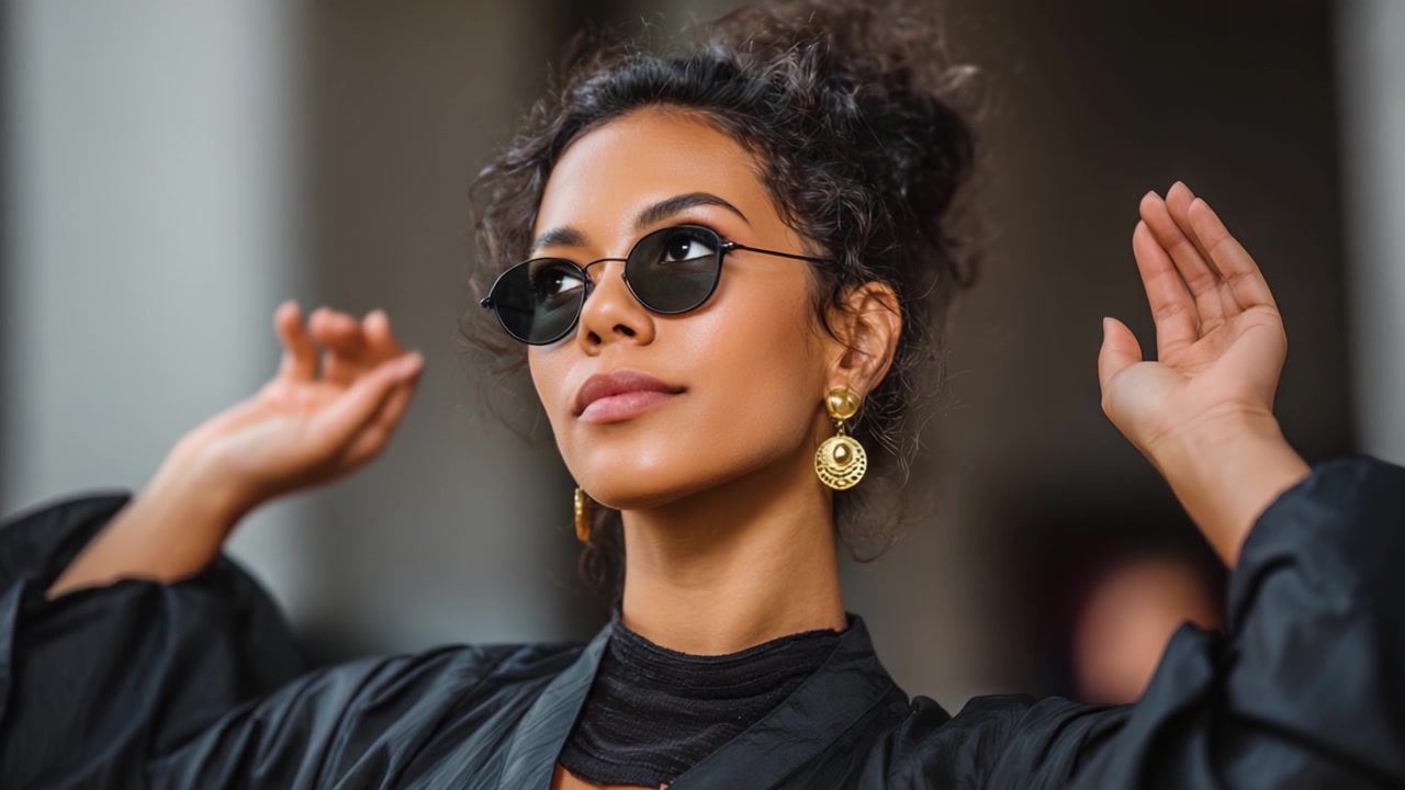 Giovane donna alla moda con occhiali da sole eleganti, che emana sicurezza ed eleganza mentre posa con grazia su uno sfondo sofisticato, indossando un abito nero chic.