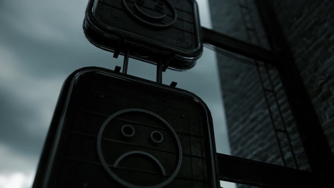 se encienden letreros de neón con emoticones divertidos y tristes contra el telón de fondo de un cielo nublado.