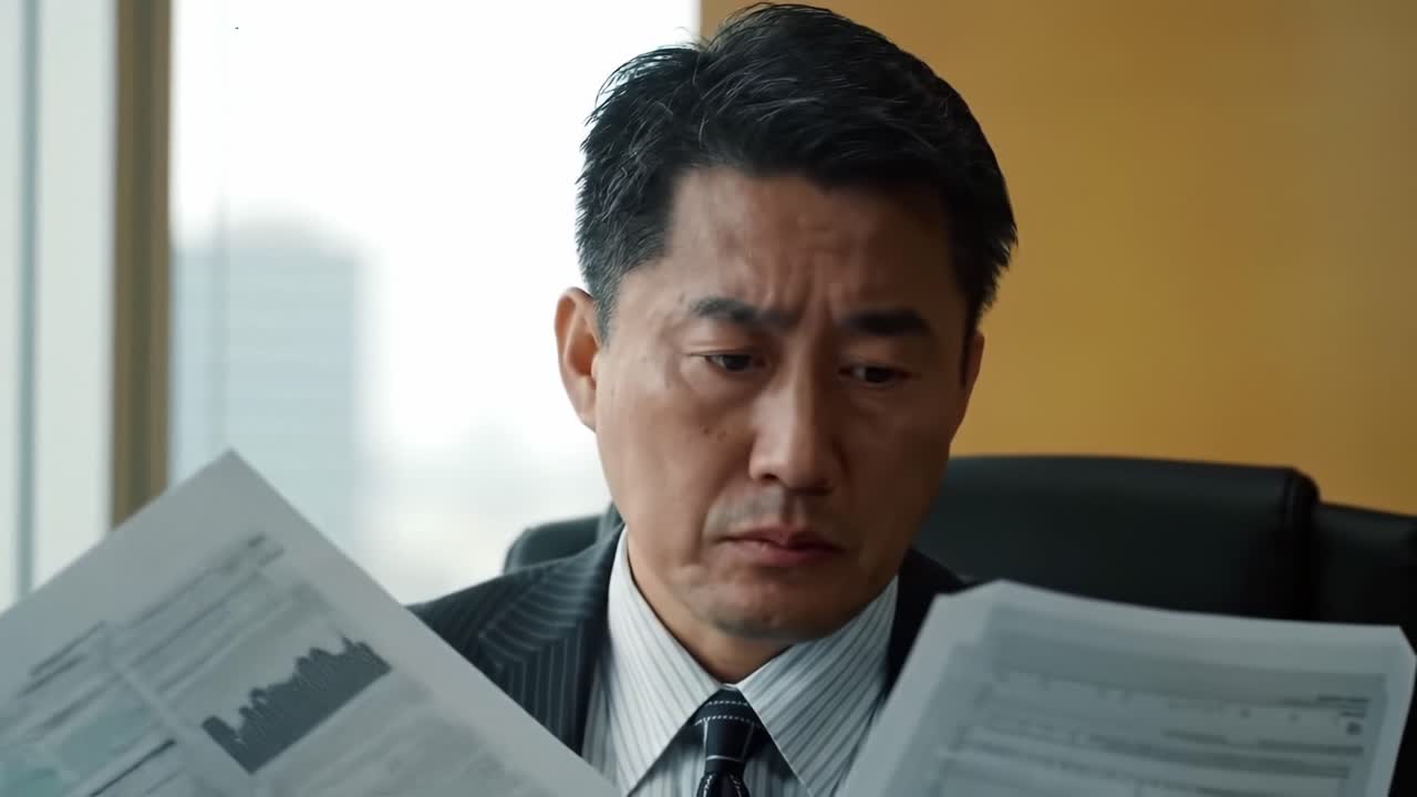 A Focused Businessman Analyzes Important Documents, Reflecting Deep Concentration and Concern in a Corporate Environment with Natural Light and Professional Attire