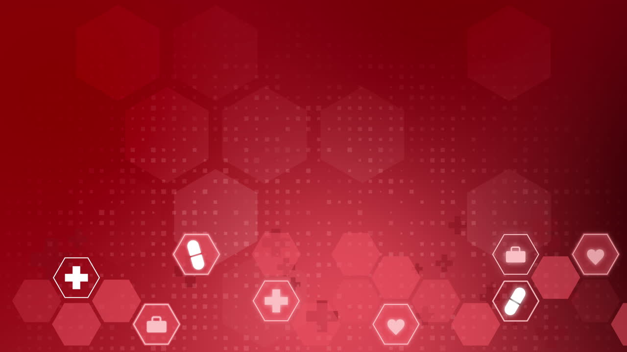 Glowing hospital symbols in hexagon. Healthcare animation with medical icons. Abstract looped red background.