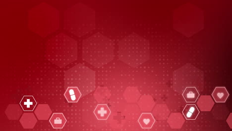 glowing hospital symbols in hexagon. healthcare animation with medical icons. abstract looped red background.