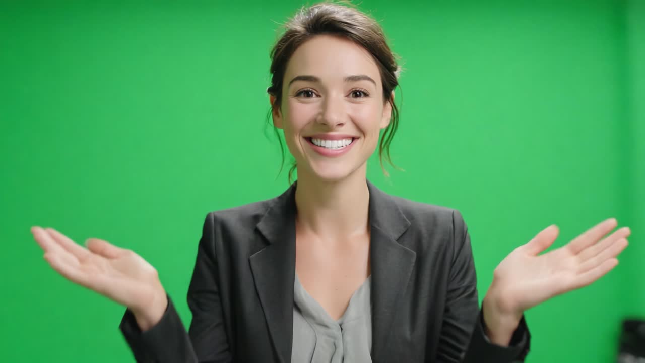 Engaging Presenter on Green Screen: A Dynamic Display of Enthusiasm and Communication Skills in a Professional Setting