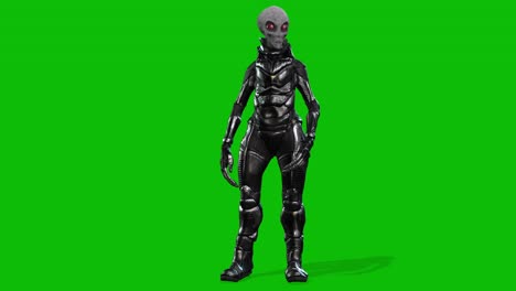 Grey-alien-wearing-a-space-suit-standing-idle-on-green-screen,-seamless-loop-3D-animation,-front-view