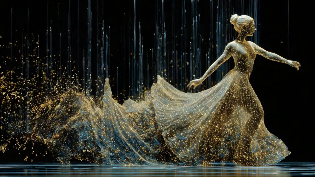 Woman in Golden Dress with Sparkle Effect