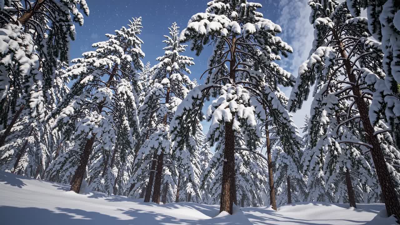 A low-angle video shot captures snow-covered pine trees under a clear blue sky, creating a serene