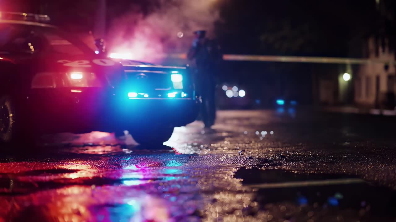 Scène nocturne sombre avec des voitures de police, plan en contre-plongée, style vidéo cinématographique, rue mouillée