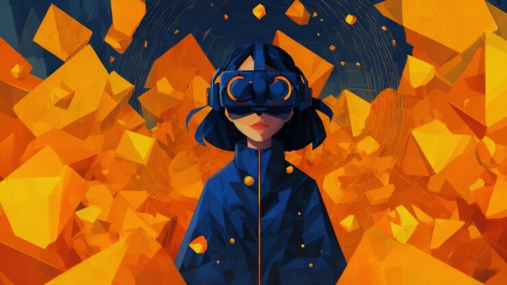Una ragazza immersa in una vivace esperienza di realtà virtuale, circondata da una dinamica esplosione di forme geometriche e colori vibranti, che mette in mostra la fusione tra tecnologia e immaginazione