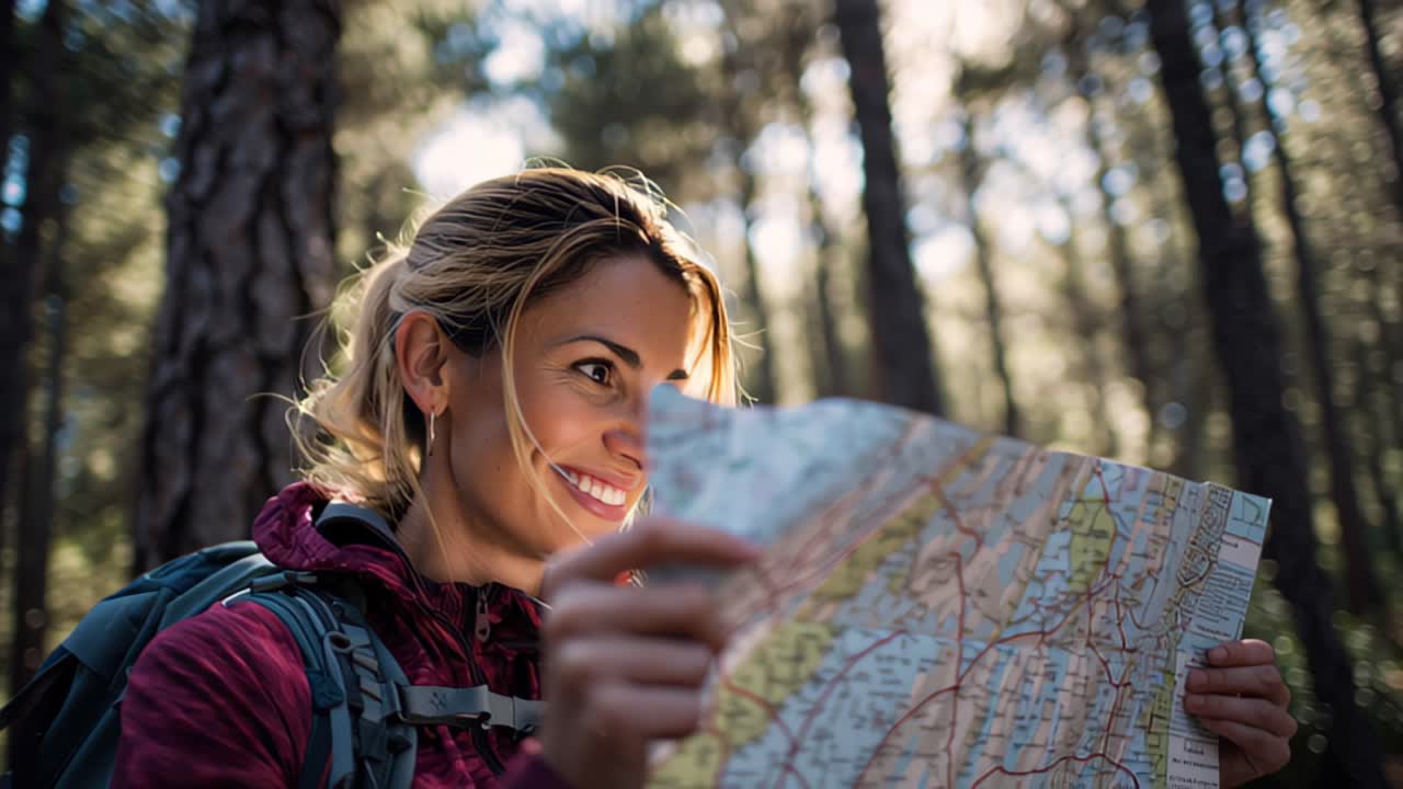 Nahaufnahme einer glücklichen Rucksacktouristin, die eine Papierkarte hält, während sie in einem sonnenbeschienenen Nadelwald wandert, Reise-Navigationskonzept, Outdoor-Abenteuer und Tourismus.