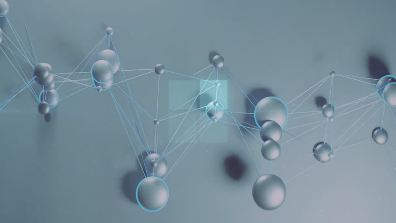 Interconnected spheres and lines forming network, visualizing scientific data animation