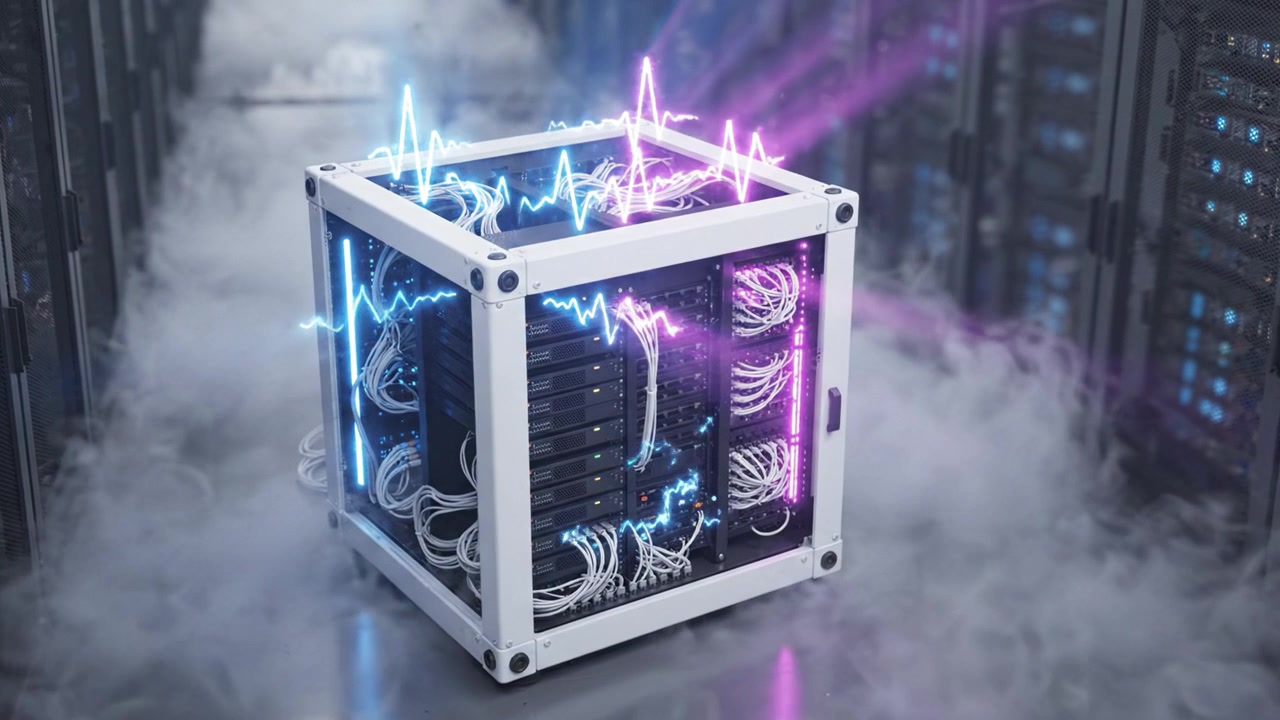 A futuristic data cube pulsates with energy in a cloud of mist, illuminated by vibrant blue and pink lights, surrounded by rows of high-tech servers and equipment.