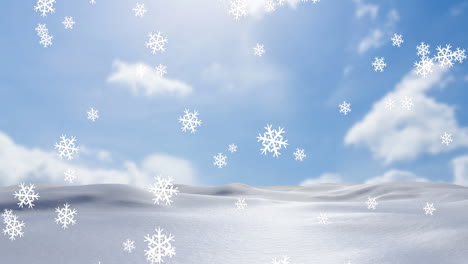 animation of snow falling over winter landscape and sky