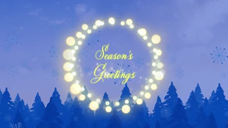 Animation-of-christmas-greetings-text-in-fairy-lights-frame-over-christmas-winter-scenery