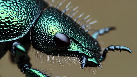 close-up of a green iridescent beetle