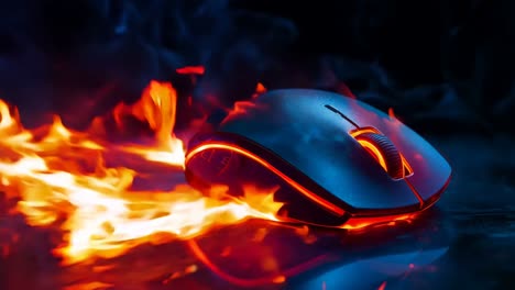 a computer mouse on fire on a black surface