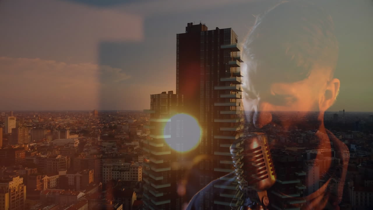 bearded singer performing over sunset view mixing vintage microphone with tower for music marketing