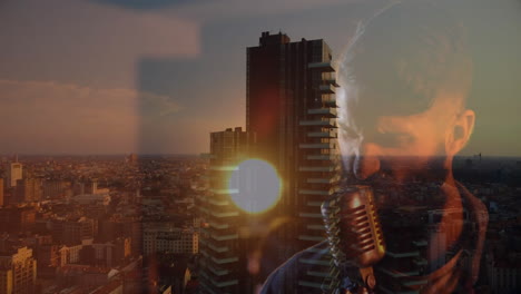bearded singer performing over sunset view mixing vintage microphone with tower for music marketing