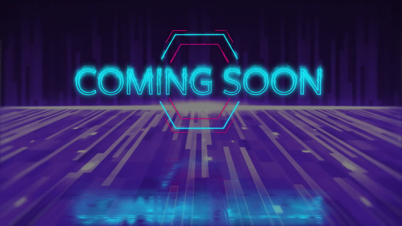 Animation of coming soon neon text over light trails on dark background
