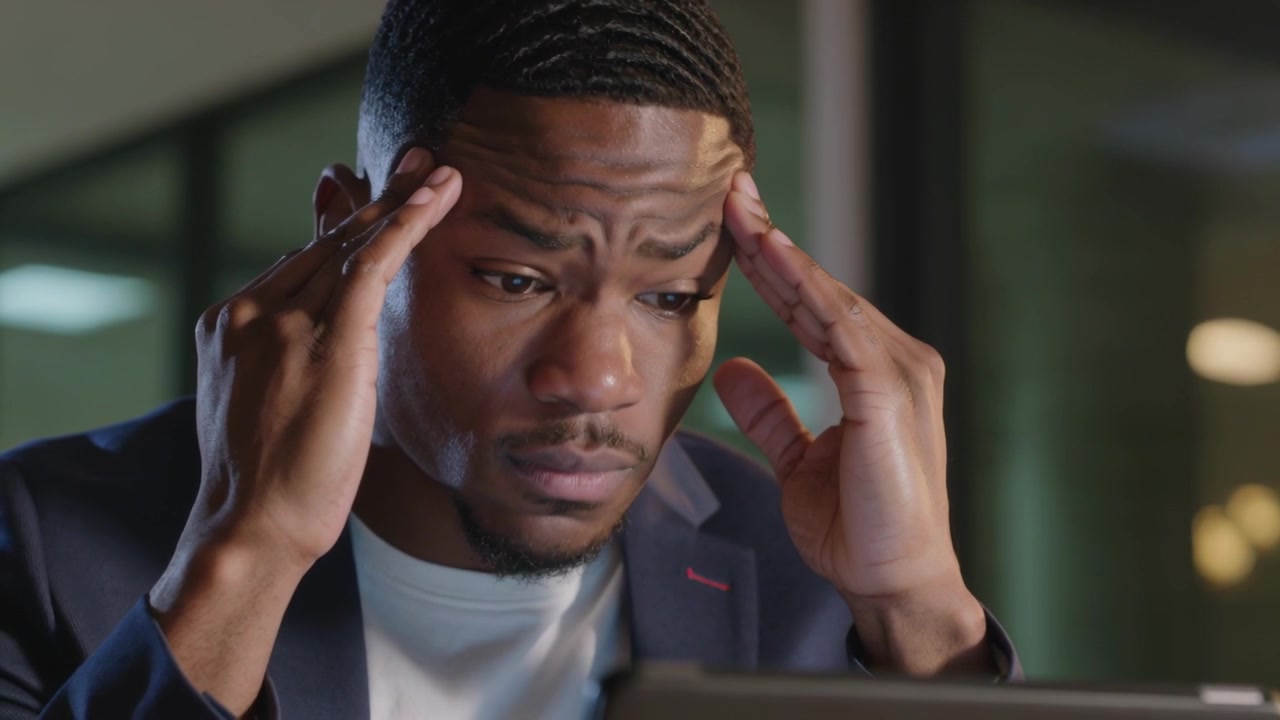Reacting to laptop alert, office worker in dark blazer pressing temples at desk, laptop glowing