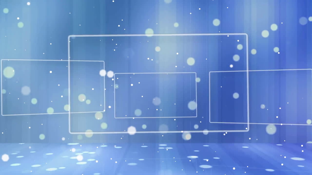 Abstract animation with floating white particles over blue background with geometric shapes