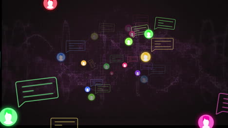 animation of social media icons with speech bubble over shapes on black background