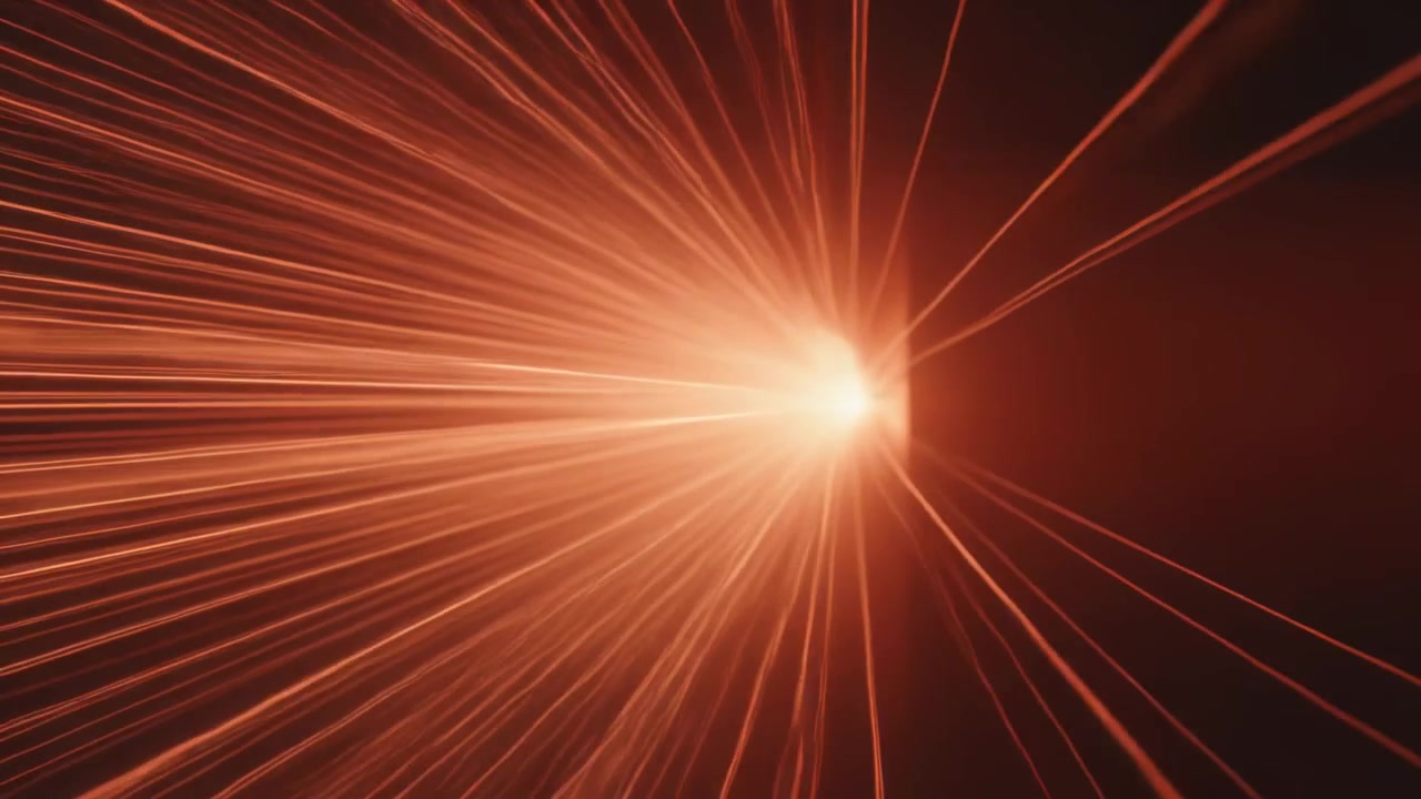 Bursting orange point sending rays, forming glowing block moving in from right in dark void