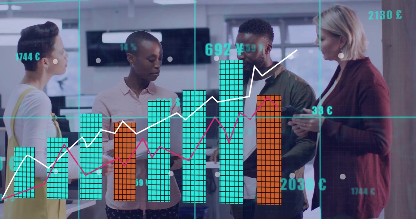 Team sharing reports and opening laptop, presenter explaining business data while charts rising