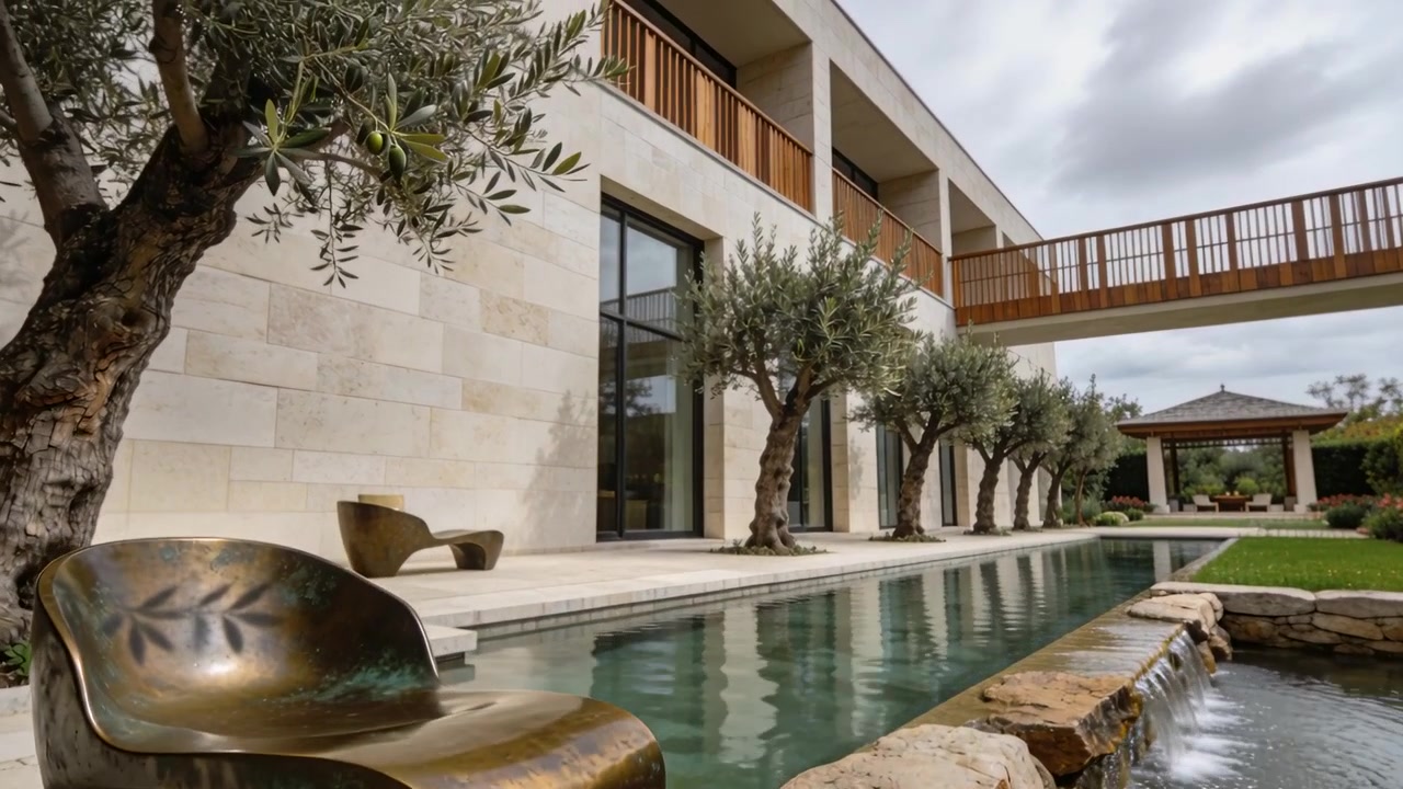 La telecamera si allontana rivelando una sedia di bronzo posizionata davanti a un cortile, mostrando una piscina e un gazebo.