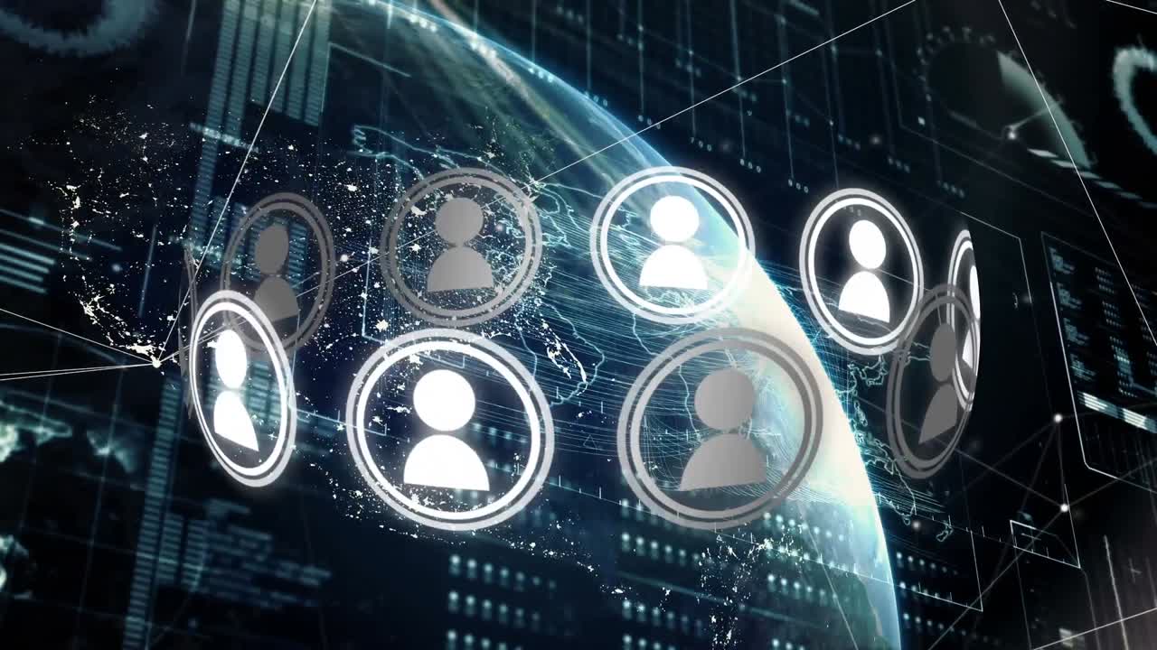 Animation of globe, digital icons and data processing on screens
