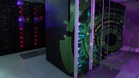 Animation-of-green-round-scanner-spinning-against-computer-server-room