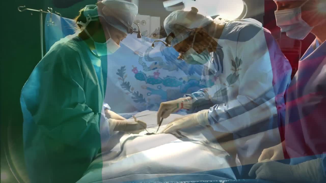 animación de la bandera de méxico ondeando sobre los cirujanos en el quirófano