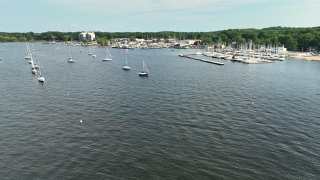 various sailboats as seen from a high angle, panning to them