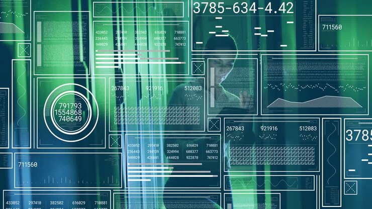 IT woman walking data center aisle and raising tablet displaying overlays with live server metrics