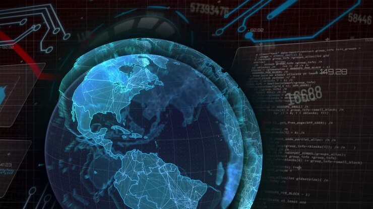 Animation of digital data processing over globe on black background