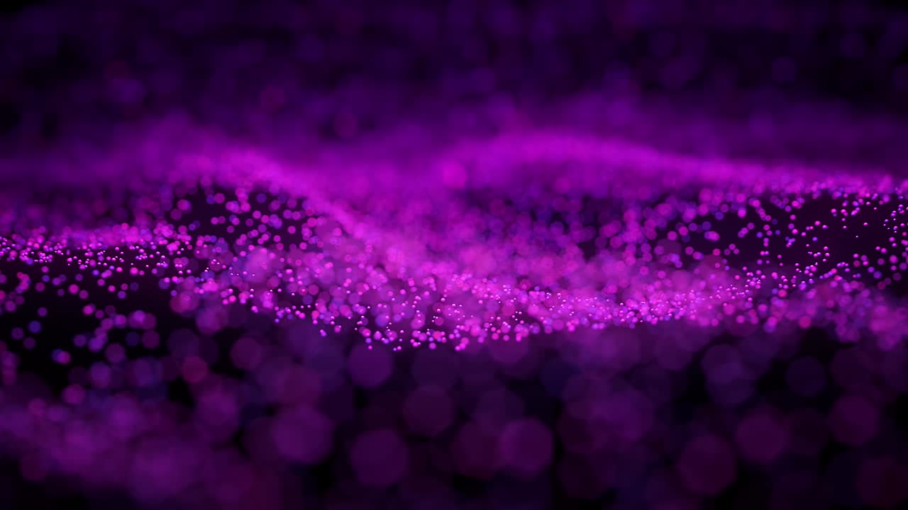 fondo 4k movimiento vívido. universo polvo púrpura con estrellas en fondo negro. movimiento abstracto de partículas. ciberespacio digital futurista brillo de neón, flujo de ondas y rotación. vj. animación 3d