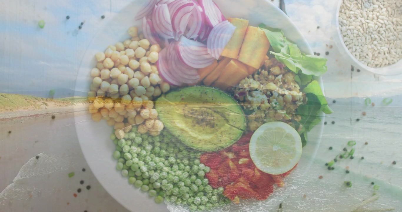 Bowl staying centered as coastal clip fading in, waves overlay drifting over avocado for food ads